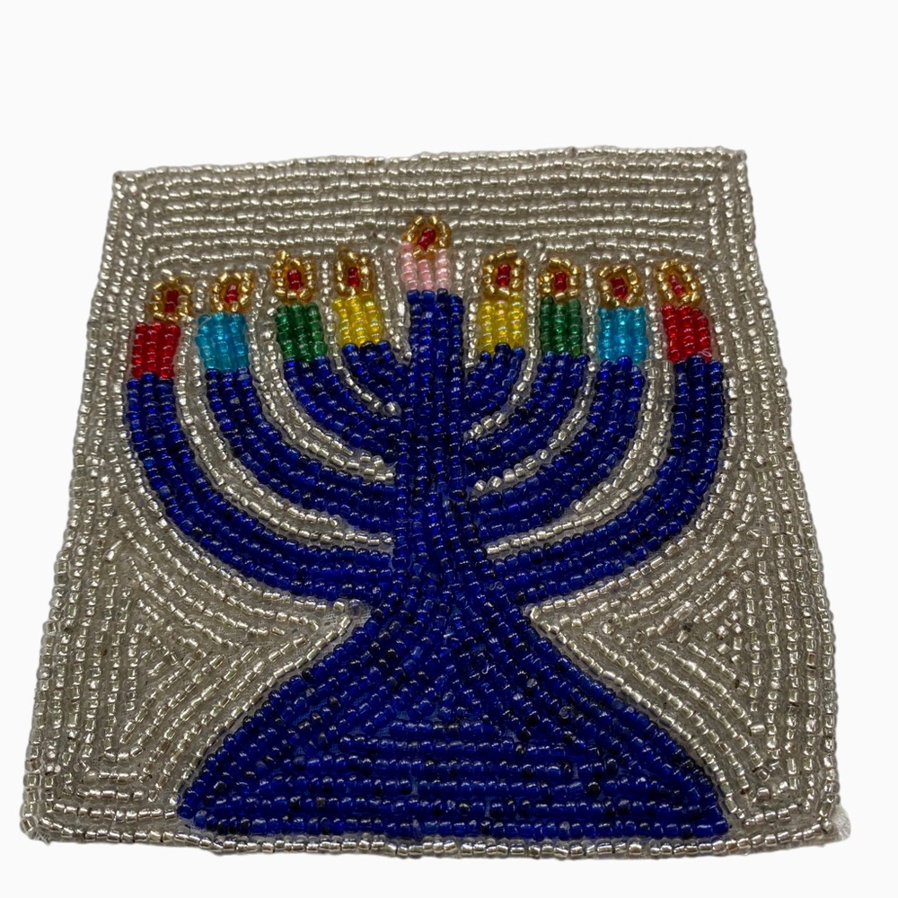 SUDHA PENNATHUR Set of 4 Hand Beaded Coasters 2 Menorah and 2 Star of David - Picture 2 of 3